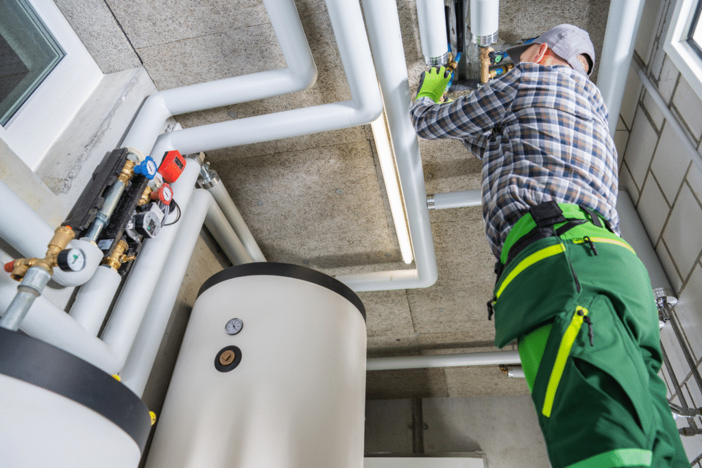 Technician performing gas installation work with pipes and gauges in a home setting, emphasizing local expertise in Ossett construction services.