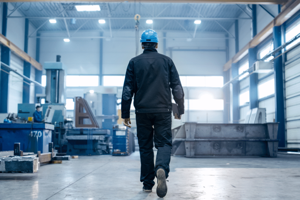 Construction worker in safety gear walking through a well-lit industrial facility, showcasing expertise in groundwork and drainage services.