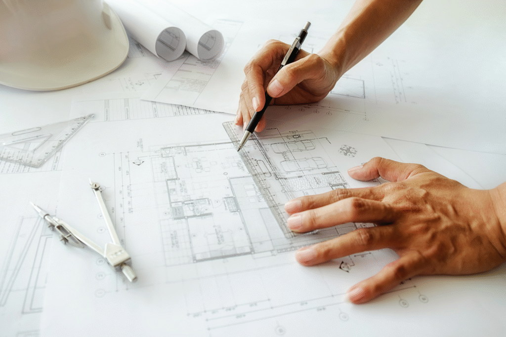 Hands drafting architectural plans on blueprints with drafting tools and a hard hat nearby, emphasizing construction and renovation services.