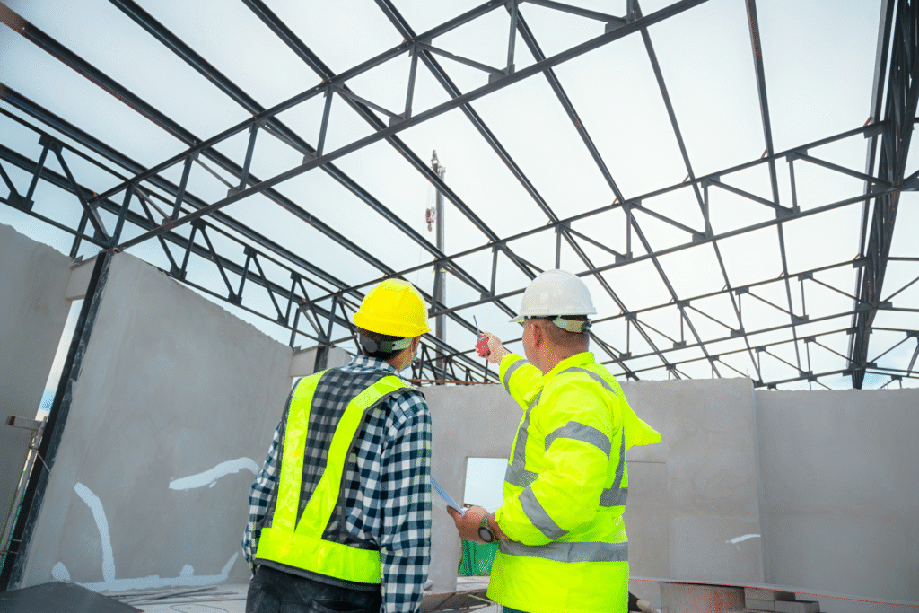 Engineers discussing structural elements in a construction site, featuring metal framework and safety gear, emphasizing Solved Construction's expertise in structural engineering services.