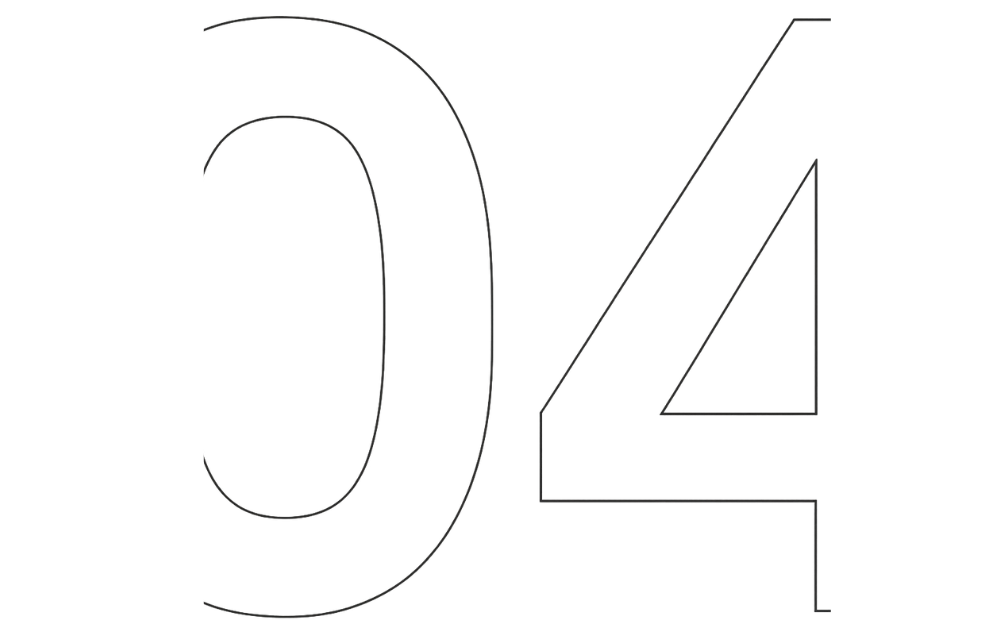 Large stylized numbers "04" representing a step in the construction process, symbolizing quality craftsmanship in building and renovation services by Solved Construction in Wakefield.