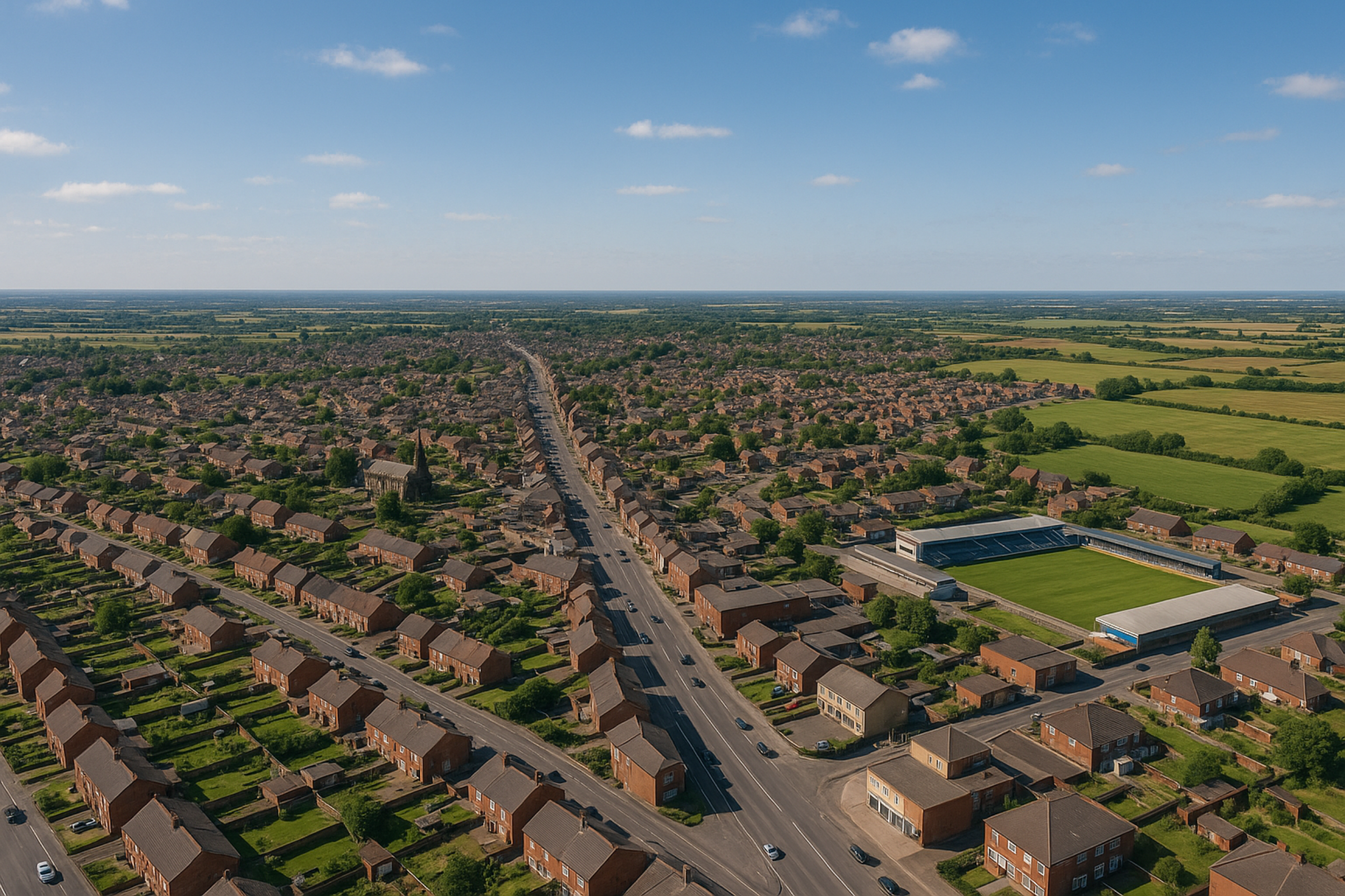 Aerial view of residential area in Featherstone, showcasing houses, streets, and a nearby sports field, emphasizing the community and construction potential in the region.