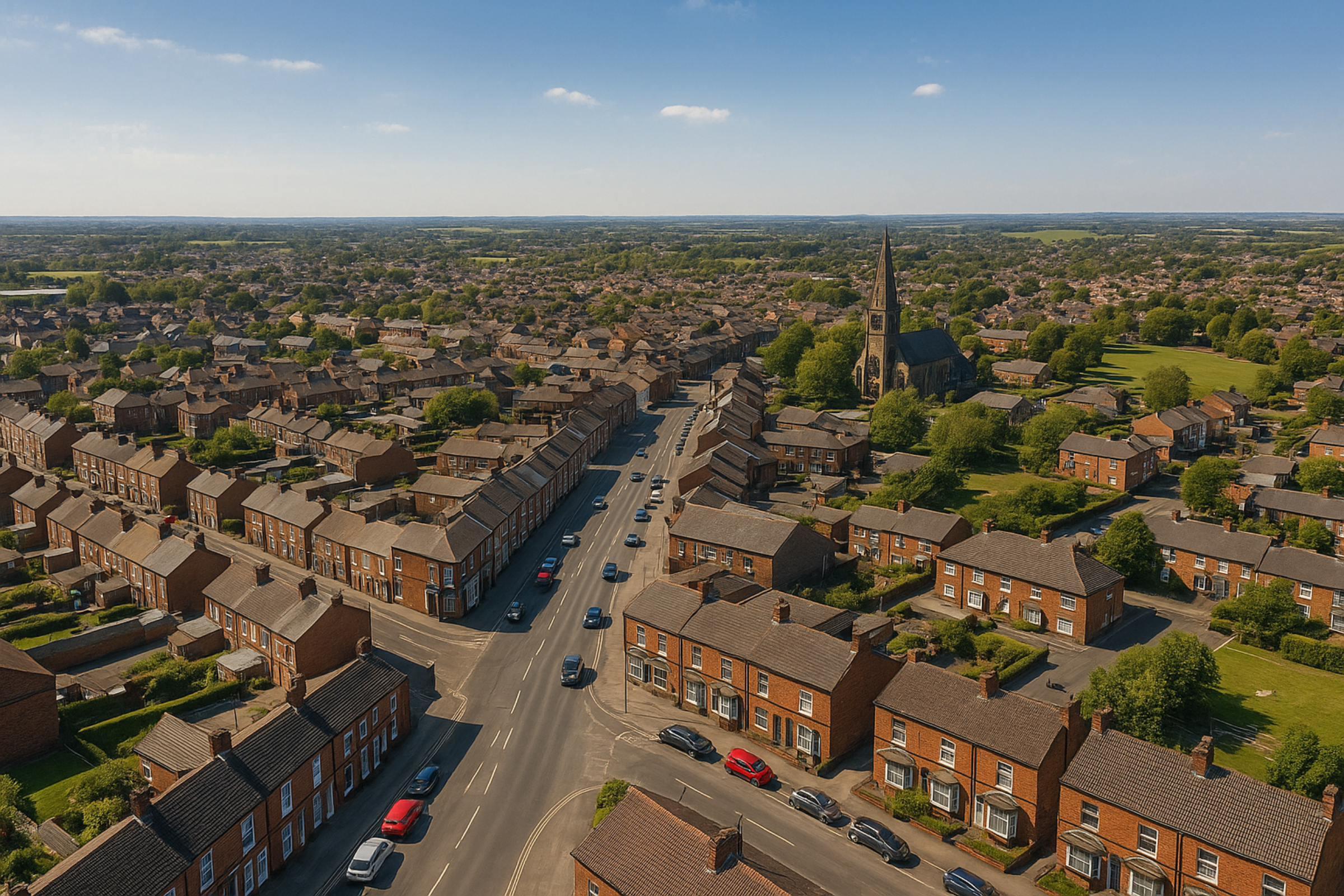 Aerial view of residential neighborhood in Normanton, showcasing houses, a church, and surrounding greenery, reflecting quality construction and renovation services in the area.