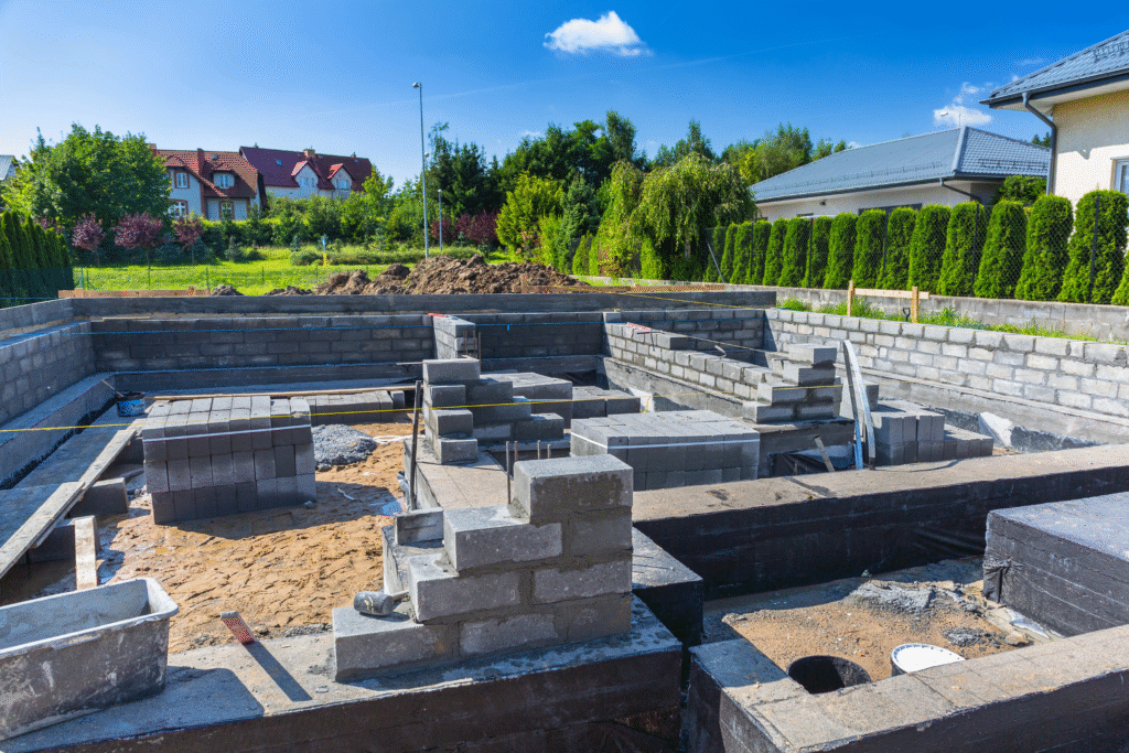 Construction site with foundations and block work in progress, showcasing strong groundwork for future building projects in Ossett.