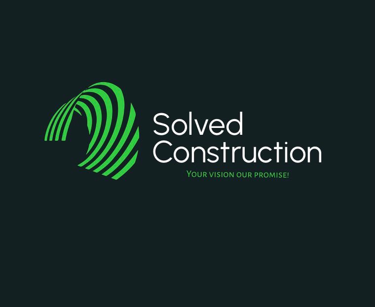 Solved Construction logo featuring green striped graphic and tagline "Your vision our promise!" on dark background, representing quality building and renovation services in Wakefield.